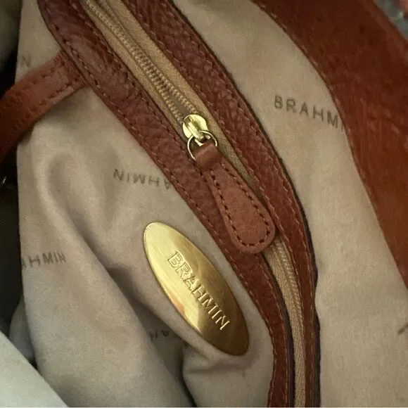 BRAHMIN Brown Pebble Leather Tote Purse Gold Chain Trim Chunky Hardware - Picture 5 of 10